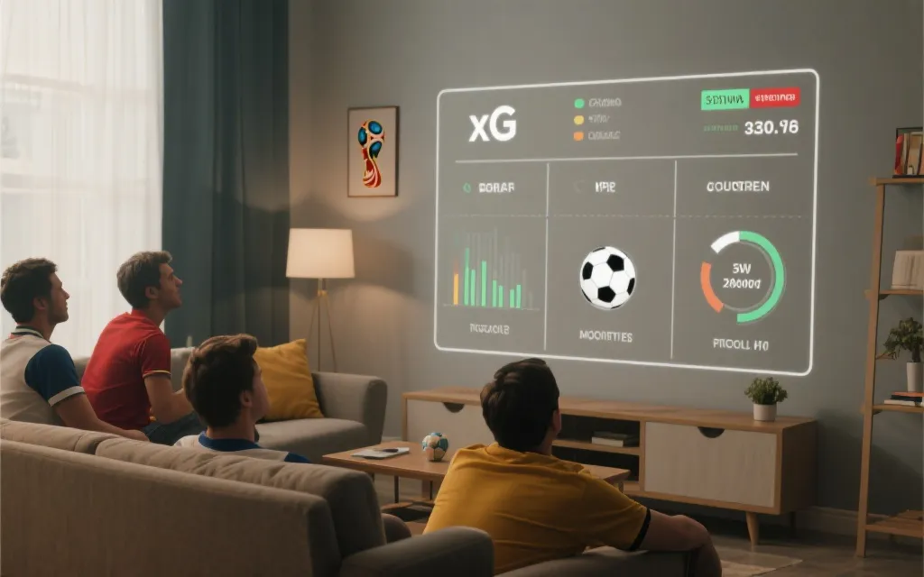 球迷在客厅观看世界杯数据面板，xG与射门控球对比